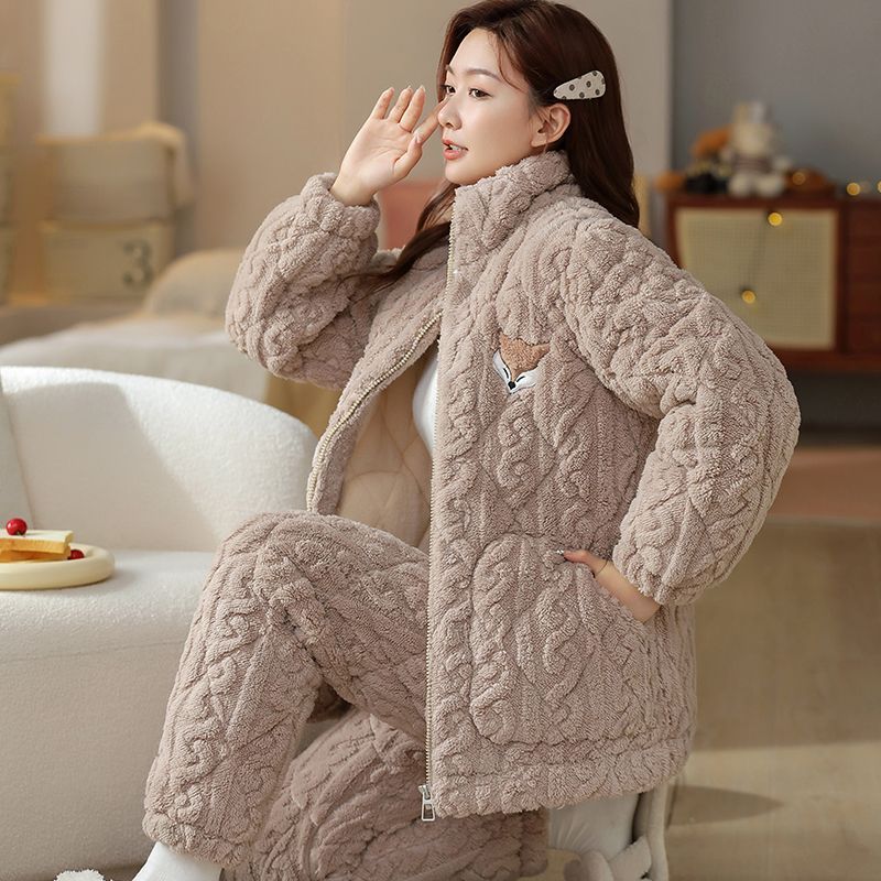 珊瑚絨睡衣女秋冬季三層夾棉襖加厚加絨保暖家居服法蘭絨新款套裝