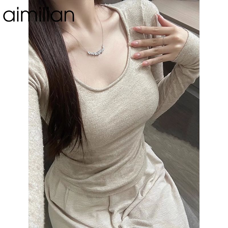 aimilian純欲風辣妹正肩長袖t恤女春秋修身顯瘦內搭打底短款上衣