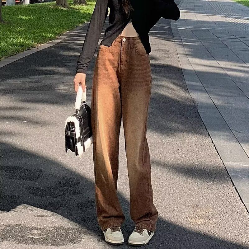 美式復古直筒牛仔褲女春秋梨型身材大碼胖妹妹高腰顯瘦拖地闊腿褲