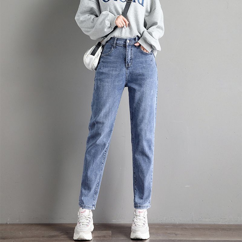 高腰哈倫牛仔褲女2023年秋裝大碼胖mm後鬆緊腰彈力寬鬆顯瘦老爹褲
