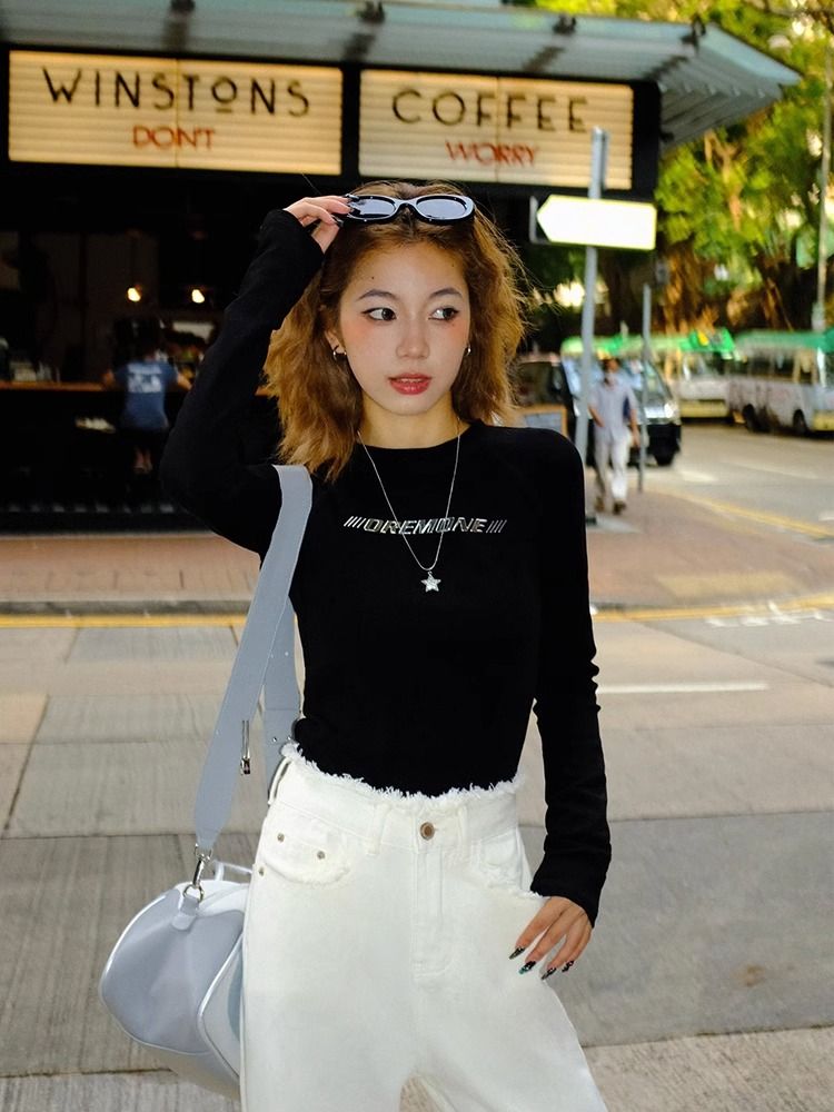 美式復古辣妹修身顯瘦t恤女秋季新款長袖內搭打底衫正肩圓領上衣