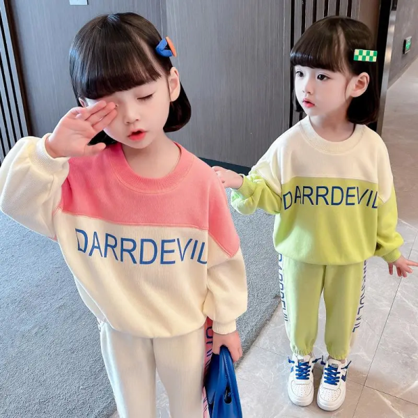 2023 Spring and Autumn New Girls Color Block Letter Printed Sweatshirts Fashionable Children's Casual Trousers Two-piece Set Trendy