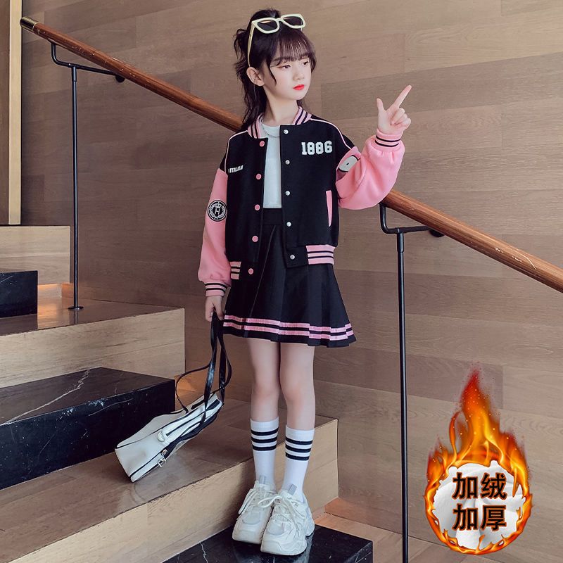 Girls Autumn Sports Suit  New Internet Celebrity Medium and Large Children's Baseball Uniform Jacket Western Style Pleated Skirt Two-piece Set