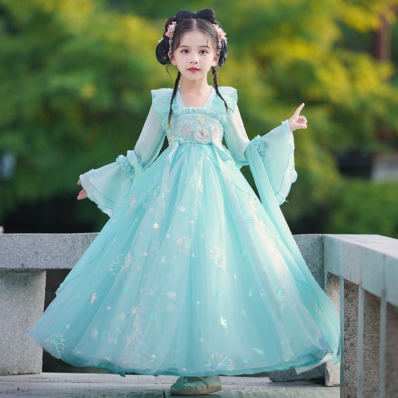 中秋節女童漢服古裝超仙兒童2023新款古風連衣裙小女孩中國風唐裝
