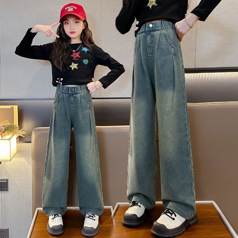女童牛仔褲春秋2023新款大童外穿長褲百搭洋氣褲子兒童秋季闊腿褲