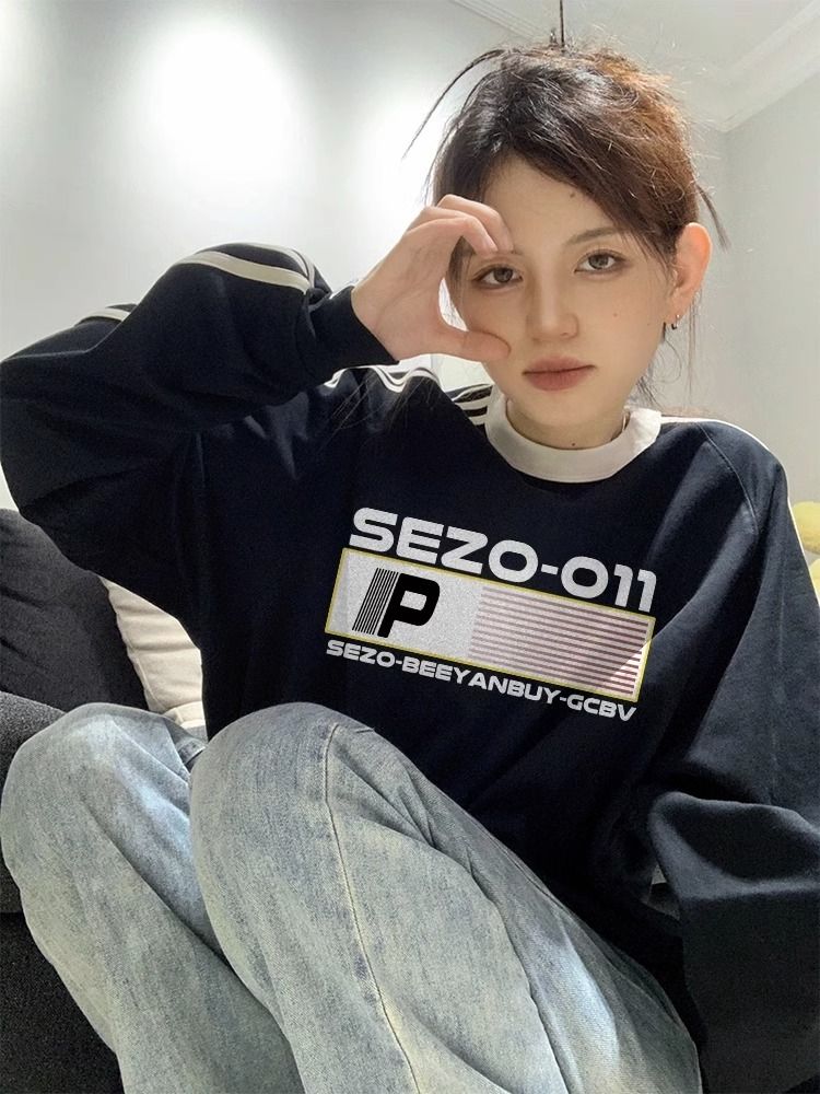 潮牌設計感小眾拼接條紋圓領衛衣女慵懶風春秋季oversize純棉上衣