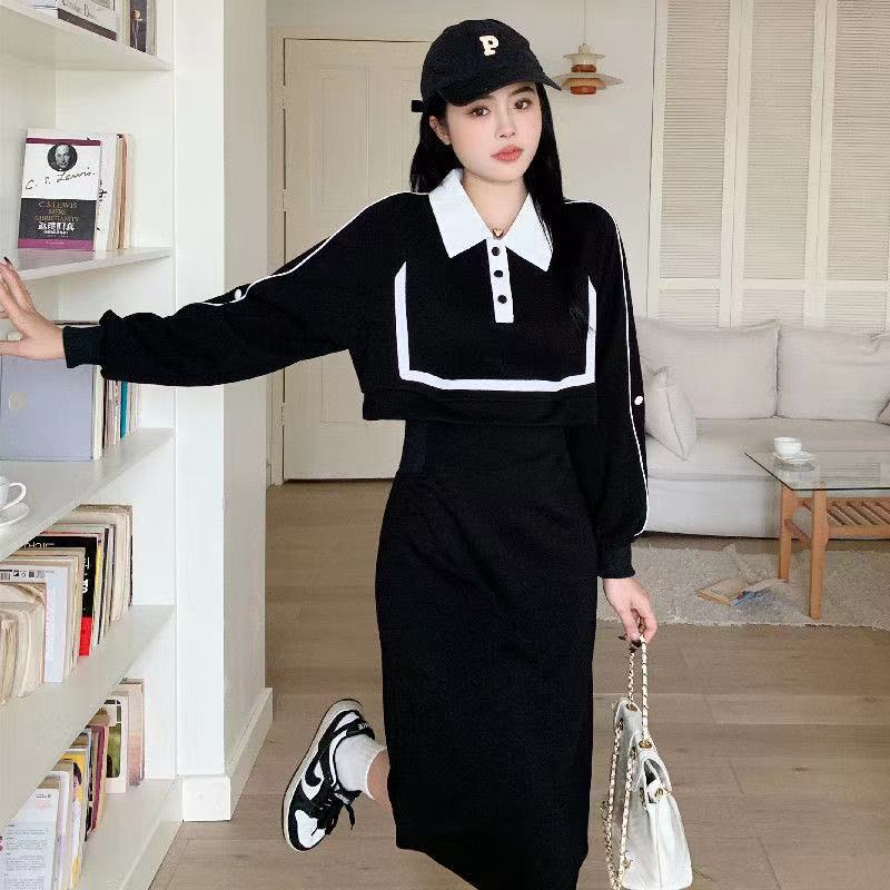 大碼女裝2023秋季新款胖mm法式復古高級感假兩件顯瘦連衣裙長裙女