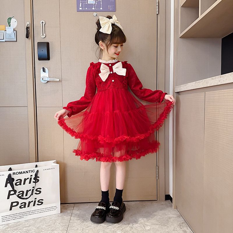 超萌女童长袖连衣裙新款时尚喜庆红色连衣裙小众气质公主裙