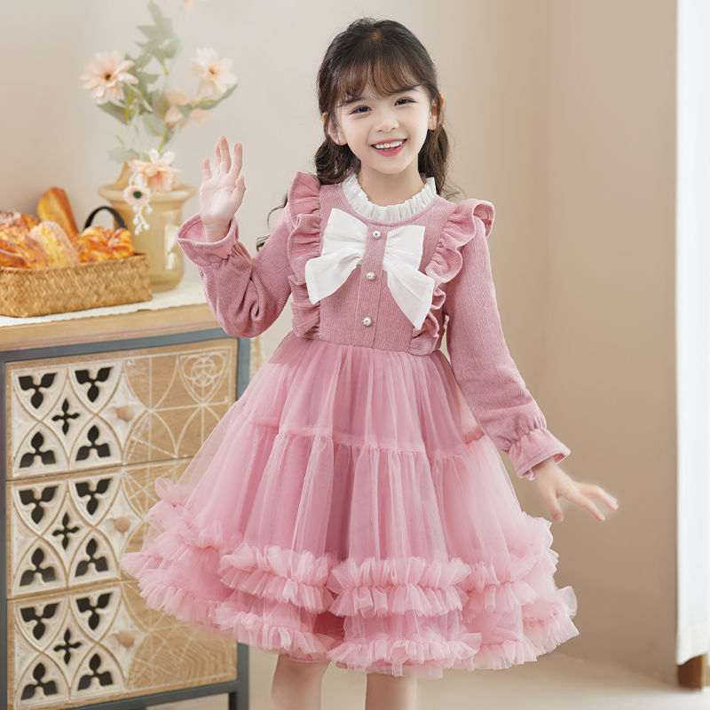 New autumn and winter girls' dress, thickened velvet, loose version, fluffy princess dress