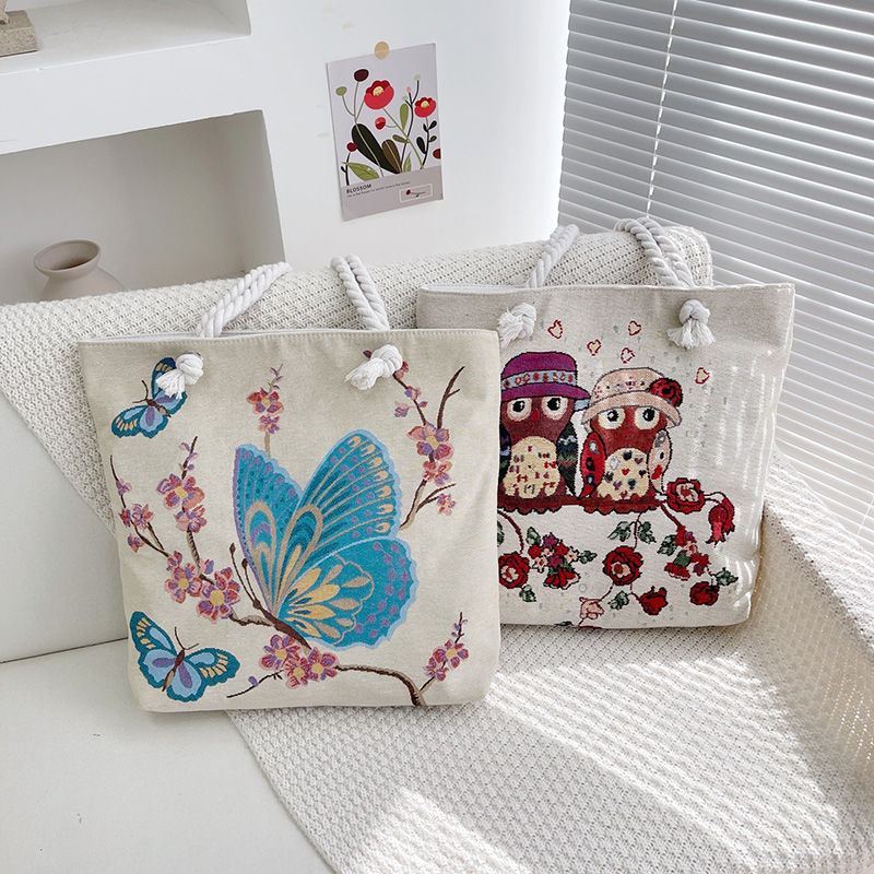 新款女士帆布雙面刺繡手提包大容量休閒百搭上班通勤單肩托特包包