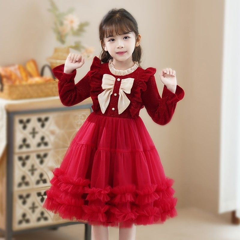 New autumn and winter girls' dress, thickened velvet, loose version, fluffy princess dress