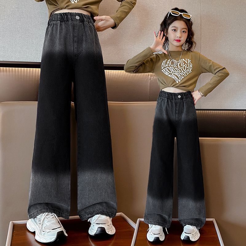 女童秋季牛仔褲2023新款中大兒童裝休閒春秋裝寬鬆直筒闊腿長褲子