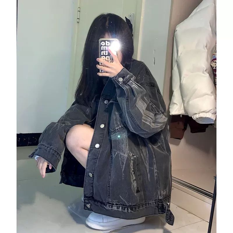 2023春秋新款酷鹽系少女時尚炸街扎染牛仔外套女bf慵懶風寬鬆上衣