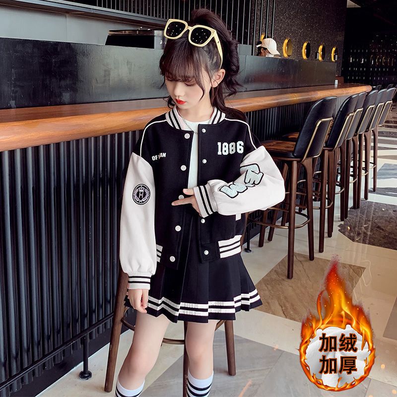 Girls Autumn Sports Suit  New Internet Celebrity Medium and Large Children's Baseball Uniform Jacket Western Style Pleated Skirt Two-piece Set