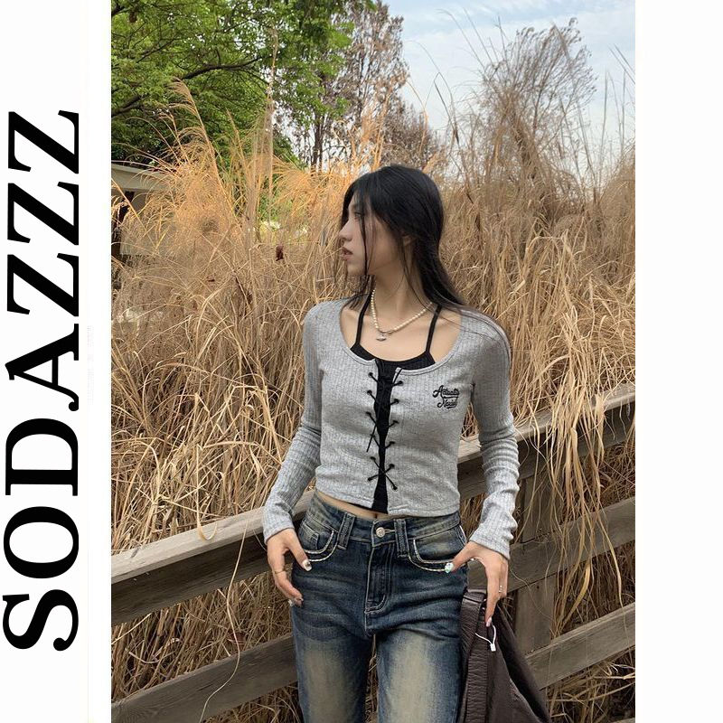 美式假兩件短款綁帶開衫女春秋辣妹純欲修身顯瘦長袖T恤上衣潮流