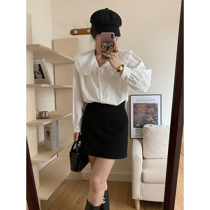 小眾洋氣春秋季法式娃娃領襯衫長袖減齡學院風甜美內搭白色上衣女
