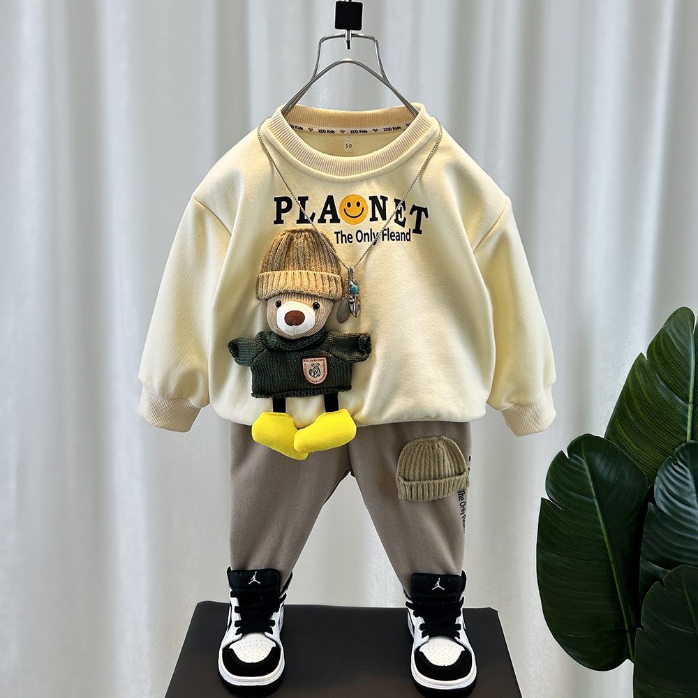 Boys' Autumn Bear Hat Long Sleeve Suit 2023 Children's Fashionable Western Sweatshirt Children's Clothing Two-piece Trendy Set
