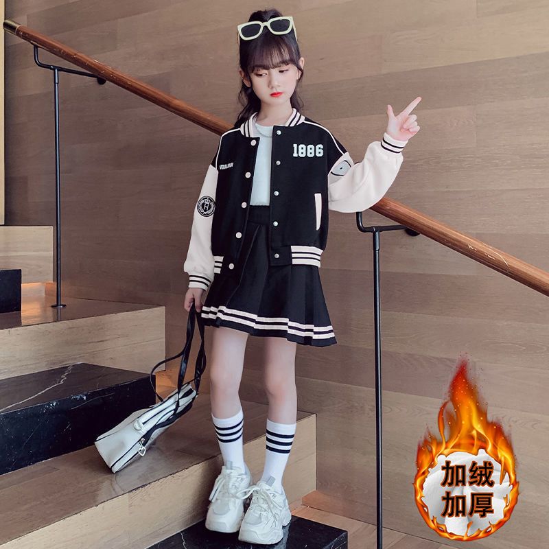 Girls Autumn Sports Suit  New Internet Celebrity Medium and Large Children's Baseball Uniform Jacket Western Style Pleated Skirt Two-piece Set