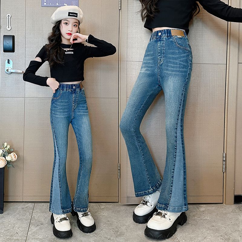 Girls' bootcut jeans student version stretch pants spring and autumn new style bell bottoms children's girls medium and large children's high waist