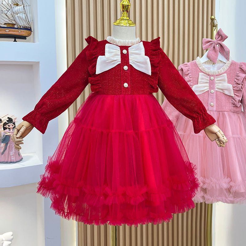 女童红色连衣裙儿童冬季公主裙新年秋冬新款洋气加绒拜年裙