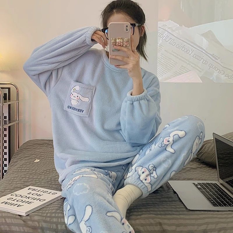 珊瑚絨睡衣女秋冬季套頭保暖法蘭絨冬天加絨加厚可外穿家居服套裝
