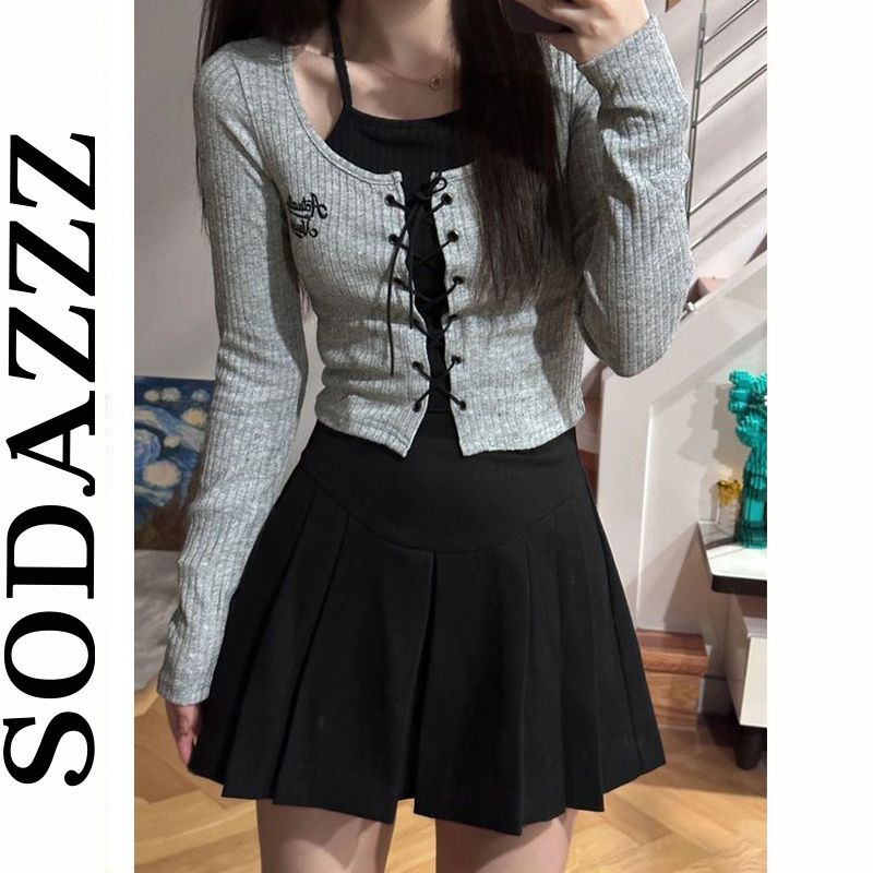 戳中我的審美~美式辣妹假兩件長袖t恤女秋季新款綁帶修身顯瘦上衣
