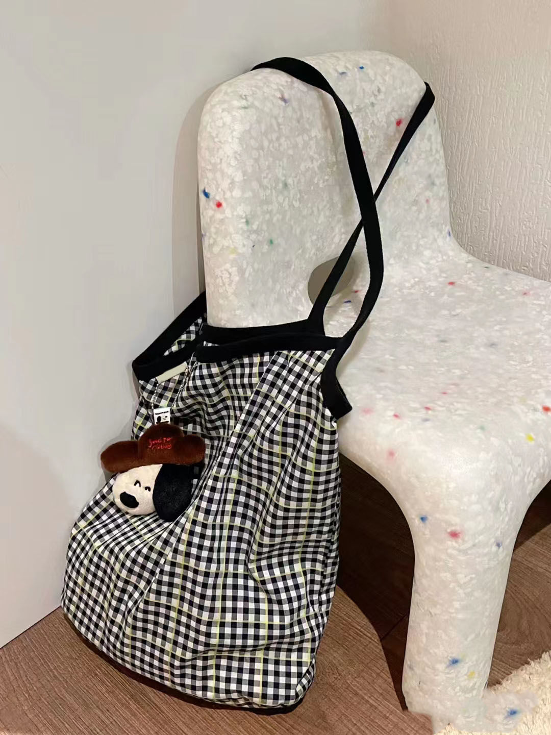 Japanese literary and artistic lazy style shopping bag black and white striped plaid canvas bag large capacity commuter shoulder bag handbag