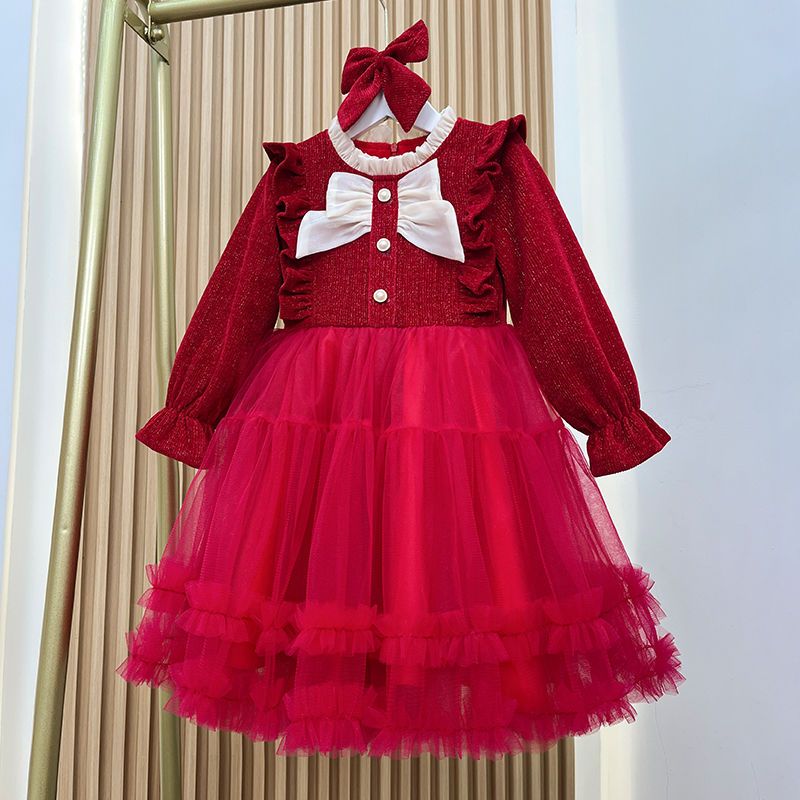 女童红色连衣裙儿童冬季公主裙新年秋冬新款洋气加绒拜年裙