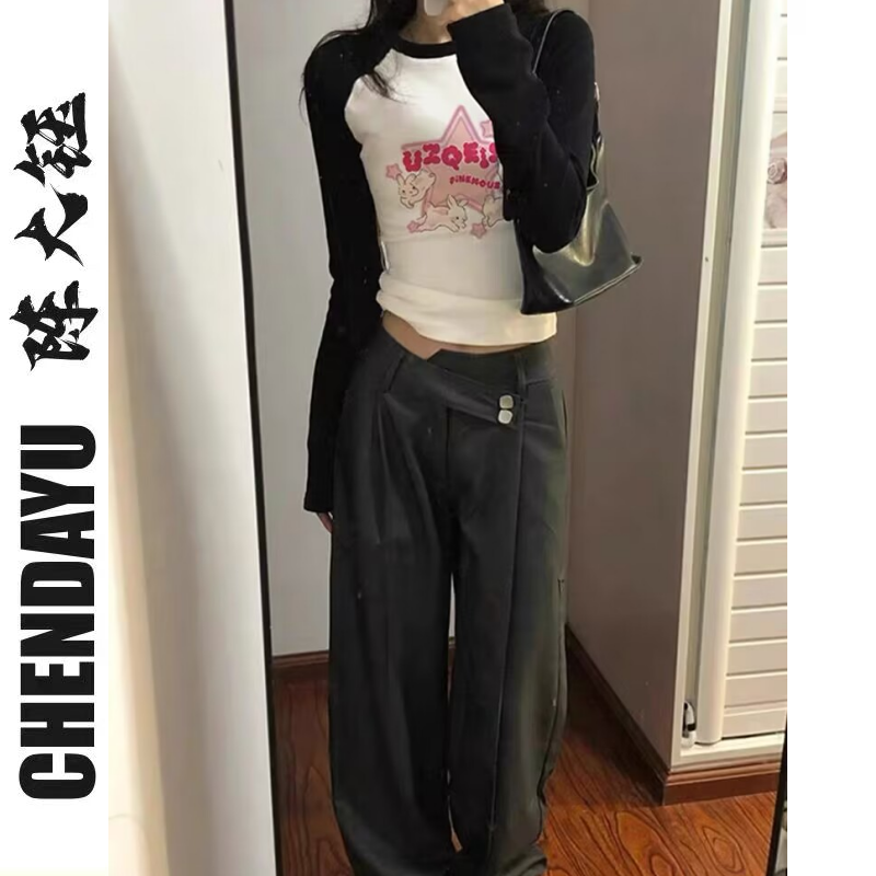 2023秋季新款潮牌甜辣妹緊身插肩長袖T恤女設計感拼接撞色打底衫