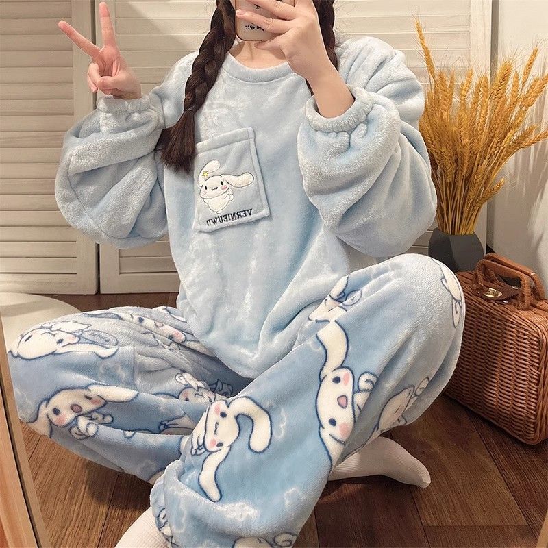 睡衣女冬季加絨加厚珊瑚絨ins風新款春秋法蘭絨保暖家居服套裝
