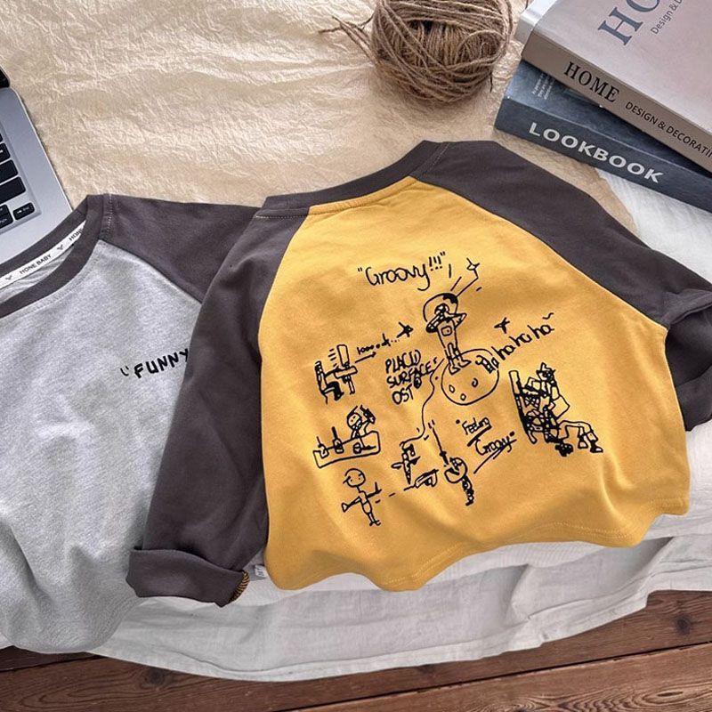 Children's brushed cotton T-shirt autumn clothing for boys and girls long-sleeved graffiti casual inner wear raglan sleeve top for children and middle-aged children
