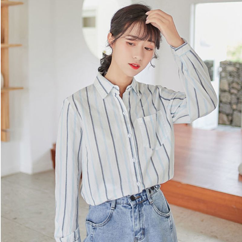 2023 Spring and Autumn New Style Striped Contrast Color Splicing Long Sleeve Shirt Women's Korean Style Loose Literary Stacking Top Jacket