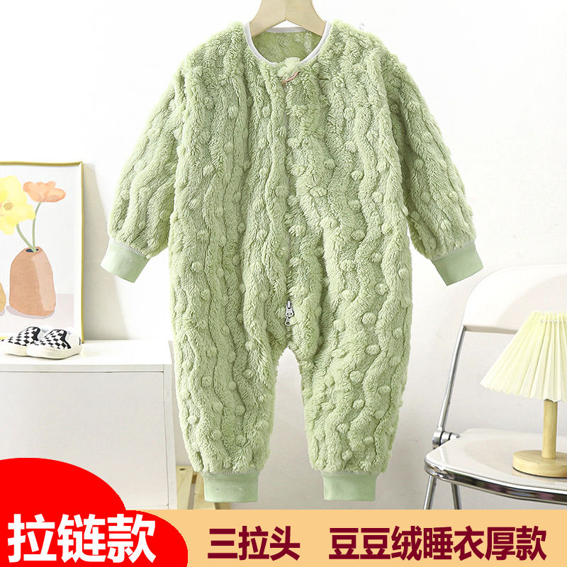 新品儿童连体衣加绒加厚男女童长爬服豆豆绒秋冬外穿洋气睡袋加大