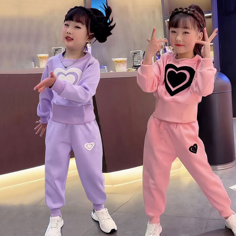 Girls spring suit 2023 new medium and large children spring love sweatshirt western style girls casual sports two-piece set
