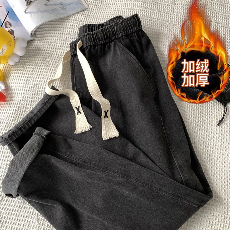 加絨加厚牛仔褲男女秋冬新款寬鬆百搭潮流美式高街復古闊腿長褲子