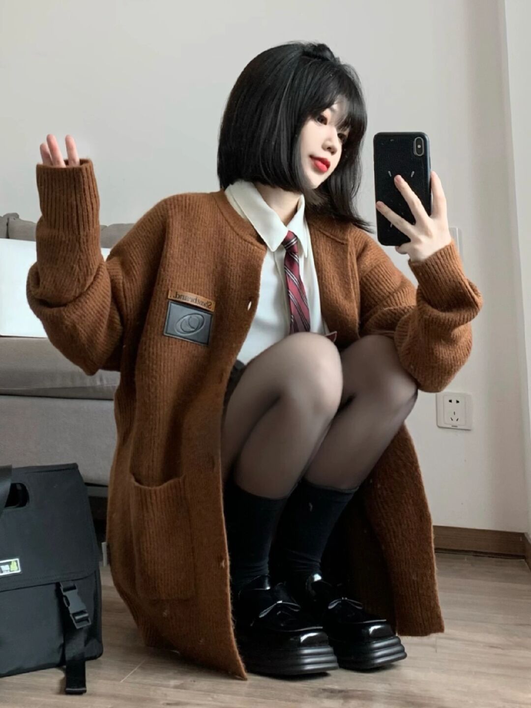 復古港風設計感皮標紐扣開衫毛衣女寬鬆百搭休閒情侶外套ins潮牌