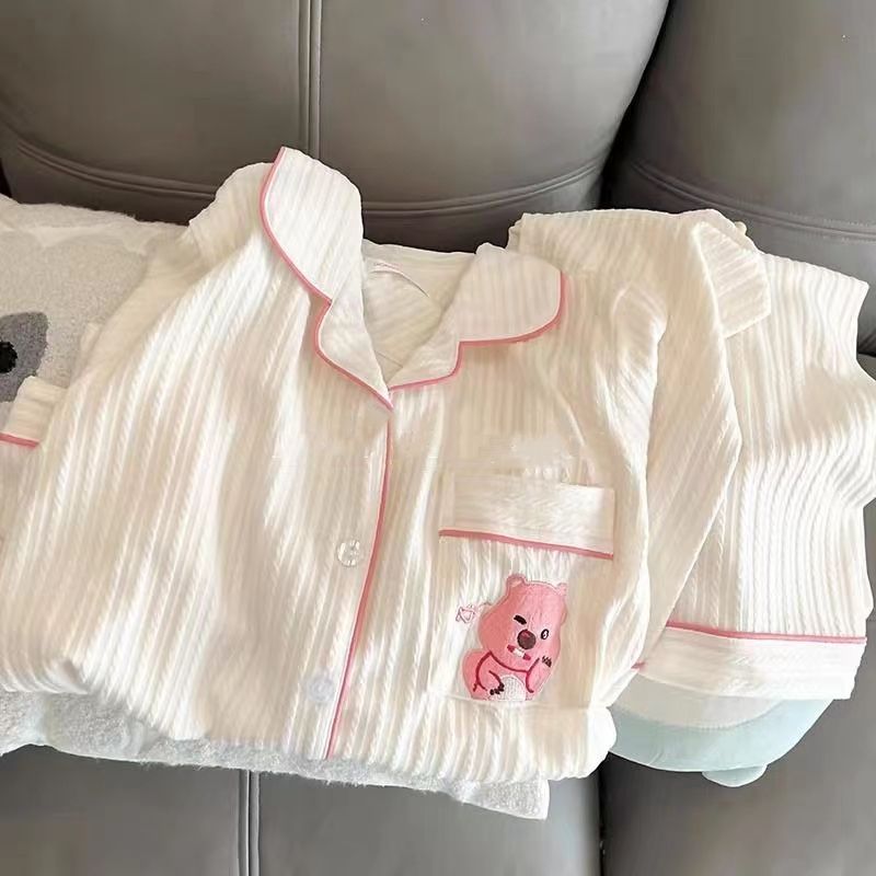 睡衣女春秋款薄款長袖夏天可愛網紅娃娃領寬鬆開衫套裝家居服冬季