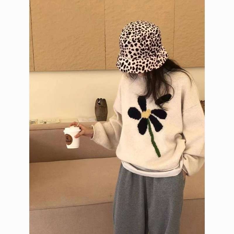 秋冬季寬鬆百搭花朵針織毛衣女輕熟風小眾設計感別致百搭減齡上衣