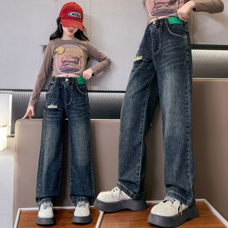女童褲子春秋季2023新款小學生洋氣時髦牛仔褲網紅炸街兒童闊腿褲