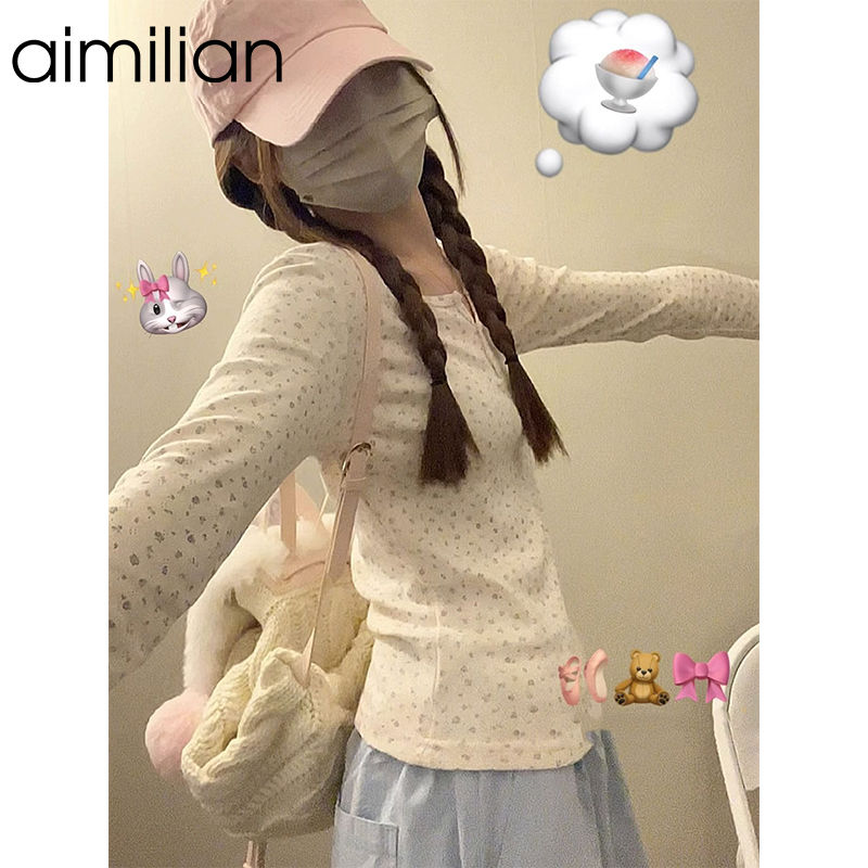 aimilian碎花正肩長袖t恤女早秋2023新款修身顯瘦甜辣妹短款上衣