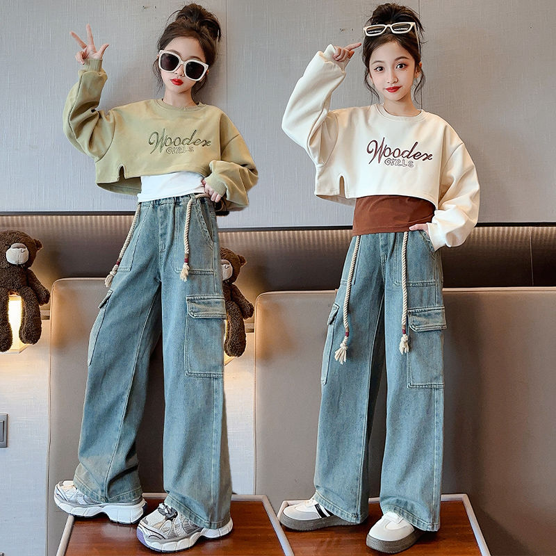 Girls workwear suit, denim three-piece suit, internet celebrity, big girl, stylish sweatshirt, vest, multi-pocket floor mopping pants, autumn outfit