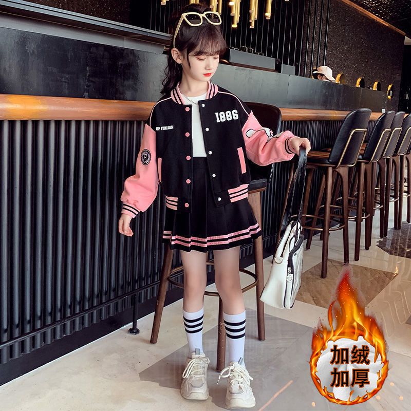 Girls Autumn Sports Suit  New Internet Celebrity Medium and Large Children's Baseball Uniform Jacket Western Style Pleated Skirt Two-piece Set