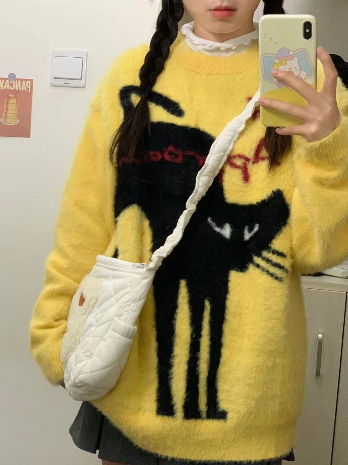 韓版hiphop新款潮牌卡通貓咪毛衣女春秋寬鬆設計感百搭針織上衣潮