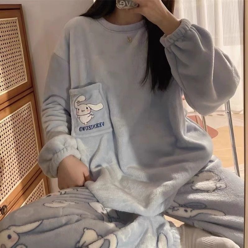 睡衣女秋冬季珊瑚絨加絨加厚長袖法蘭絨大碼套裝家居服冬天可外穿