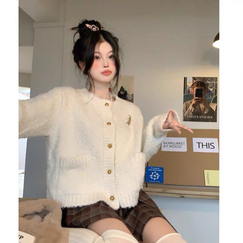 粉色軟糯毛衣外套女秋冬季加厚高級感復古慵懶風百搭外穿針織開衫