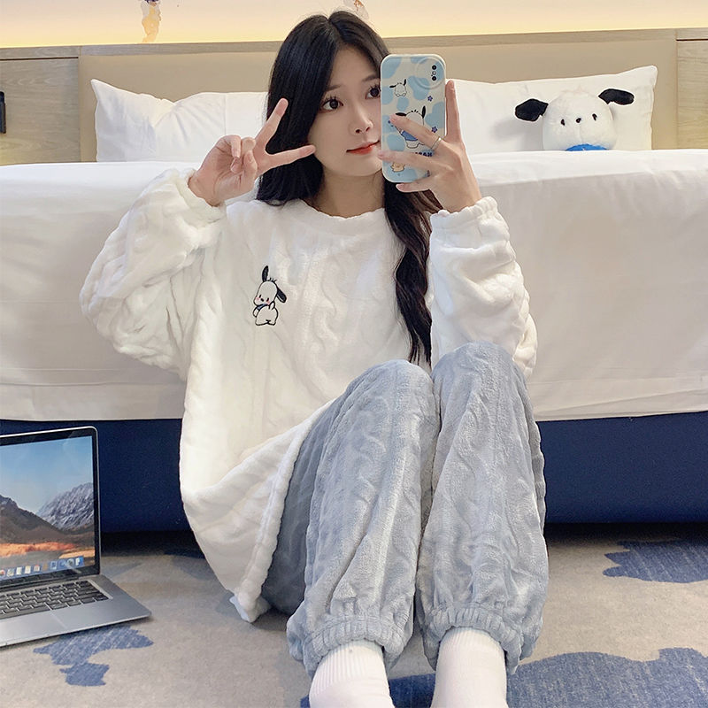 ins風睡衣女秋冬季珊瑚絨加厚加絨可愛帕恰狗法蘭絨家居服可外穿