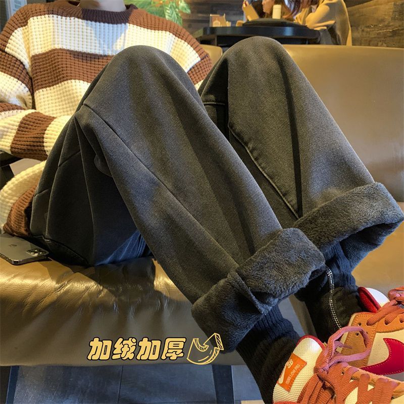 美式高街復古加絨加厚牛仔褲男女秋冬款寬鬆闊腿褲ins百搭長褲子