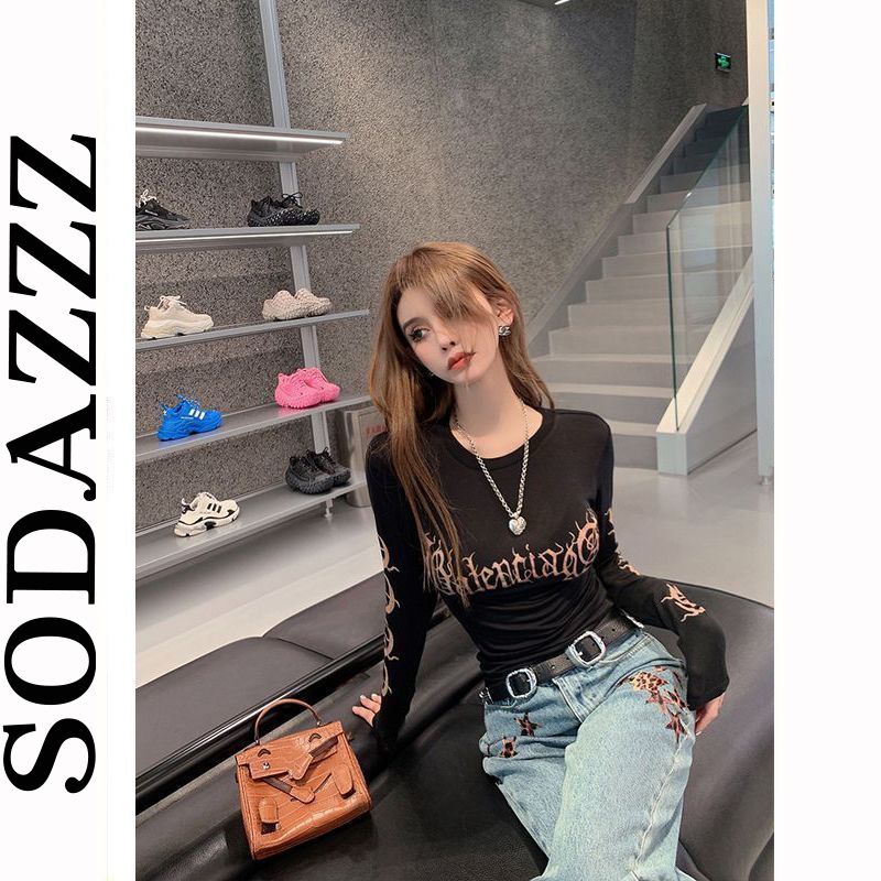 復古字母印花長袖T恤女秋季2023新款辣妹小眾修身顯瘦防曬上衣女