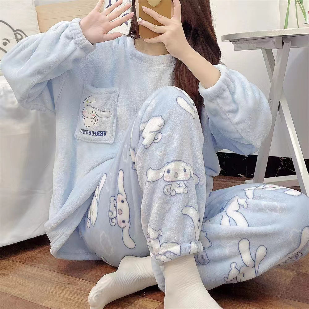 睡衣女冬季加絨加厚珊瑚絨ins風新款春秋法蘭絨保暖家居服套裝