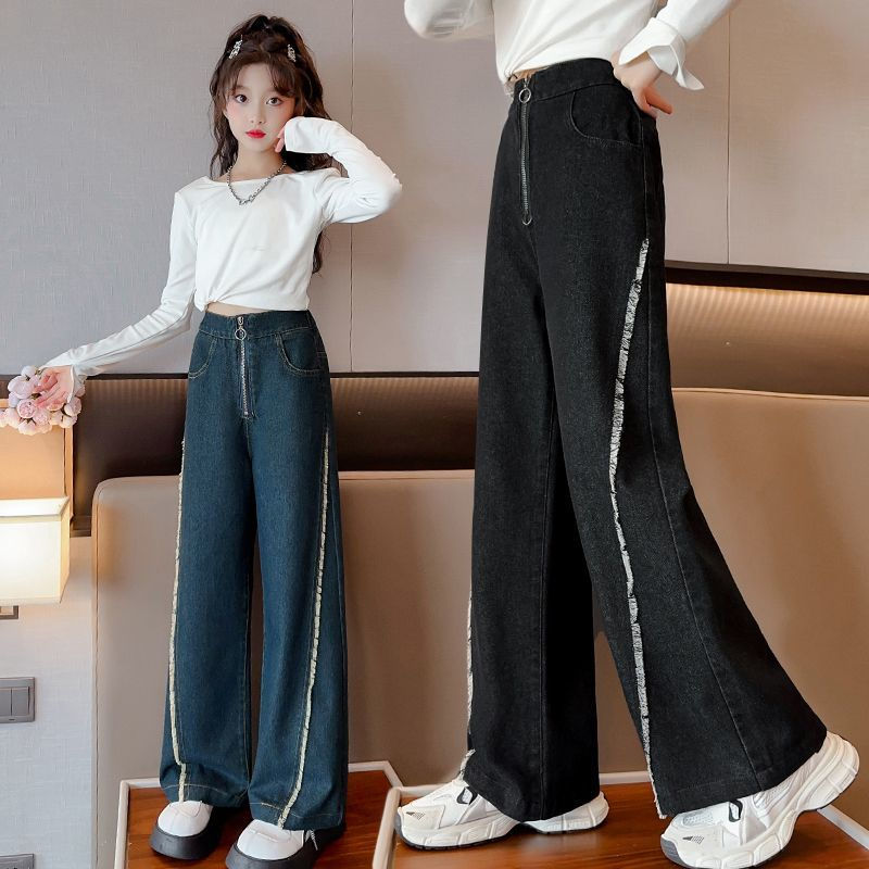 女童牛仔褲春秋2023新款兒童秋季百搭闊腿褲洋氣大童秋裝外穿長褲